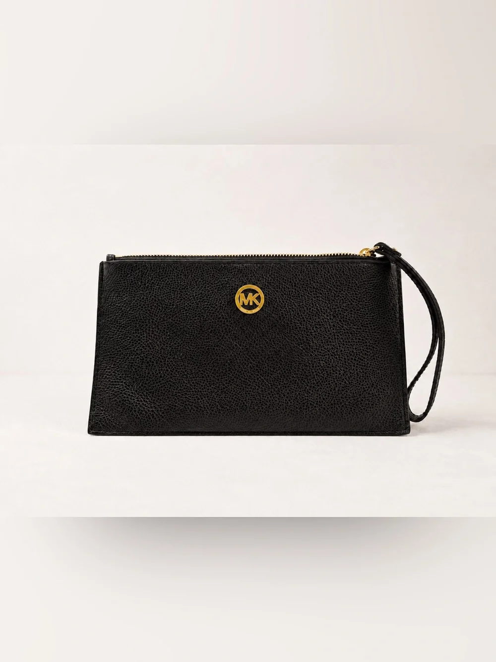 Michael Kors Black Pebbled Leather Wristlet Gold Hardware Zip Clutch